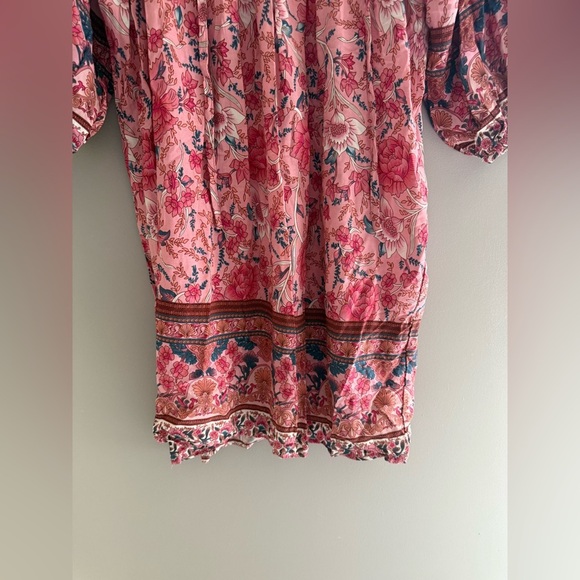 Temofon Womens Pink Floral Boho Mini Dress SZ MD New 3/4 Sleeve Flowy V Neck - Picture 5 of 10